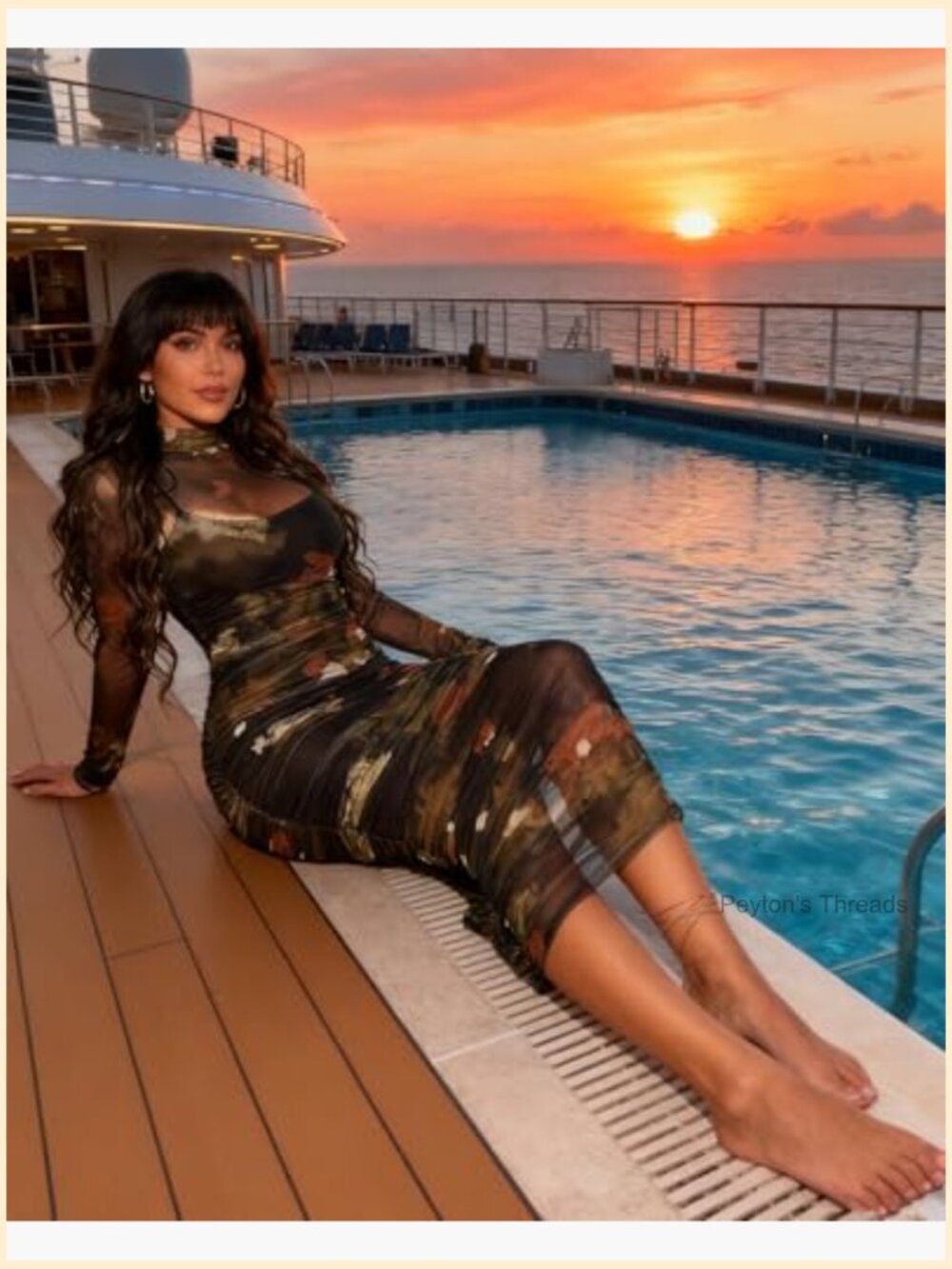 Sexy Long Sleeve Printed Sheer Mesh Bodycon Midi Dress Party Clubwear - Picture 4 of 6